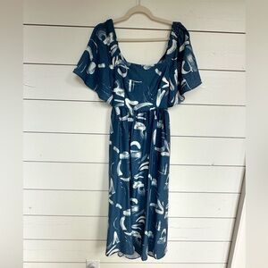 A New Day Midi Resort Dress Flutter Sleeves Tie Open Back Summer Flowy Blue, S